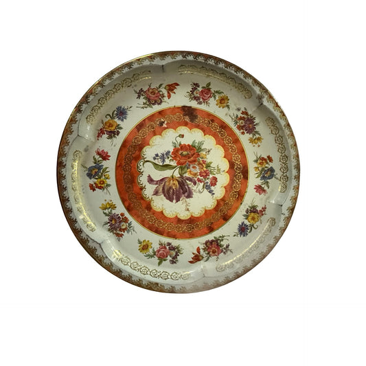 Vintage Daher Floral Metal Serving Tray 12.5” Round Orange Gold Decorative England
