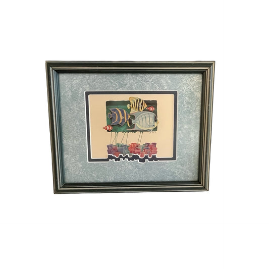 Vintage Framed Tropical Fish Print Signed Illegible Artist 9x11 Coastal Art