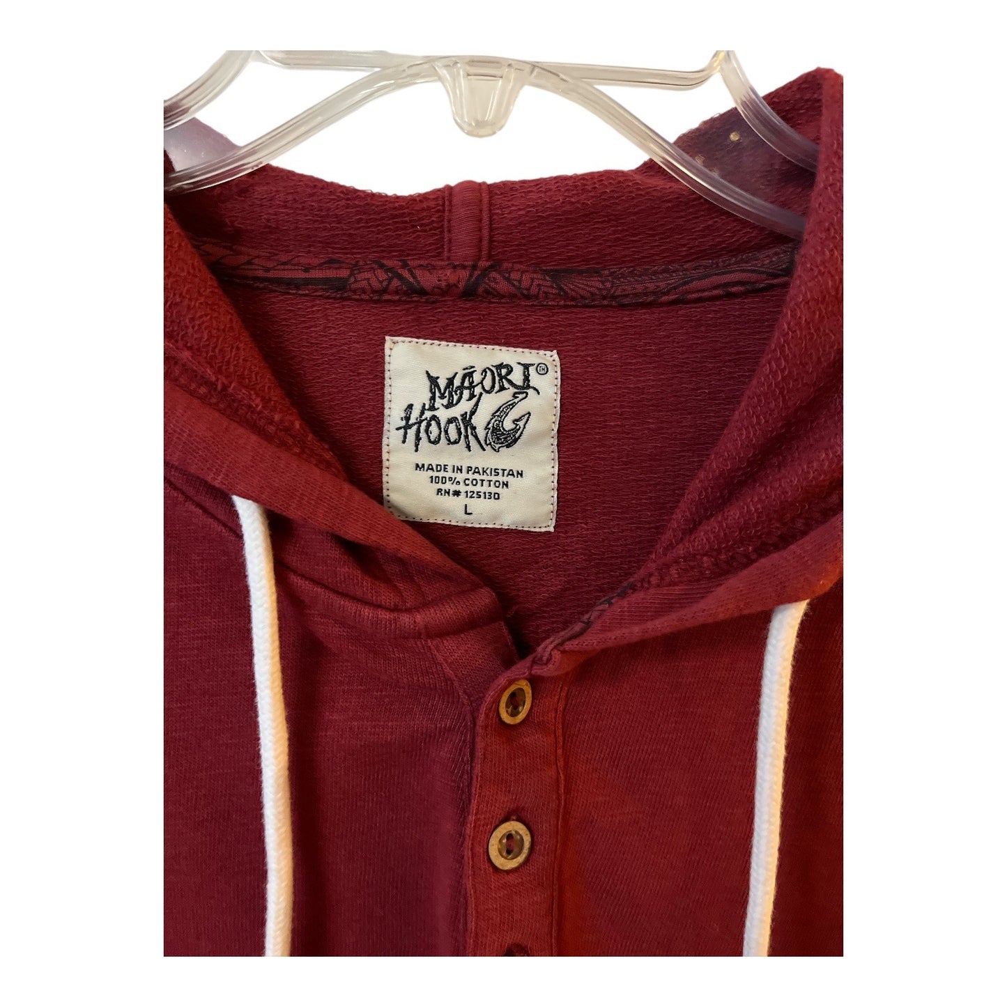 Maori Hook Hoodie – Maroon Long Sleeve Pullover – Tribal Graphic – Size L – Late 2000s/Early 2010s