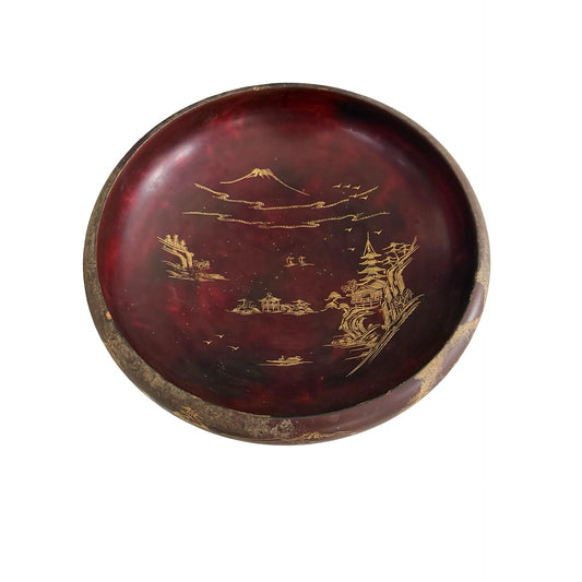 Vintage Japanese Lacquerware Bowl 10" Burgundy Red Mt Fuji Scenic Decorative Dish