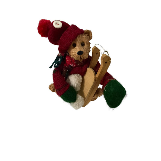 Vintage Christmas Teddy Bear Figure with Wooden Sled Resin Bear in Knit Sweater Hat Scarf Holiday Decor