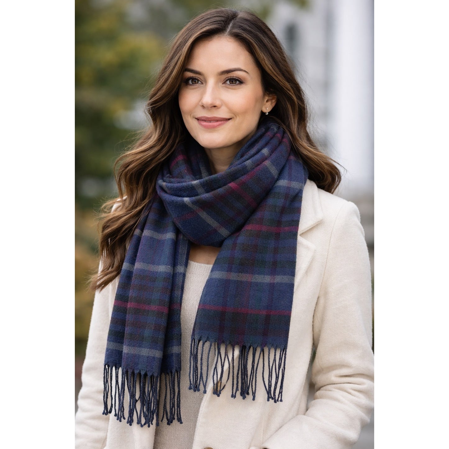 Vintage Totes Plaid Fringe Scarf Blue Green Burgundy Oversized Winter Wrap