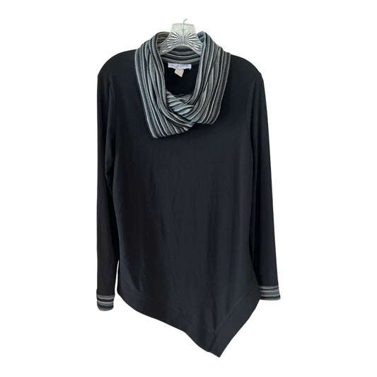 Joseph Ribkoff Women’s Size 14 Black Asymmetrical Top | Striped Cowl Neck & Cuffs | Made in Canada