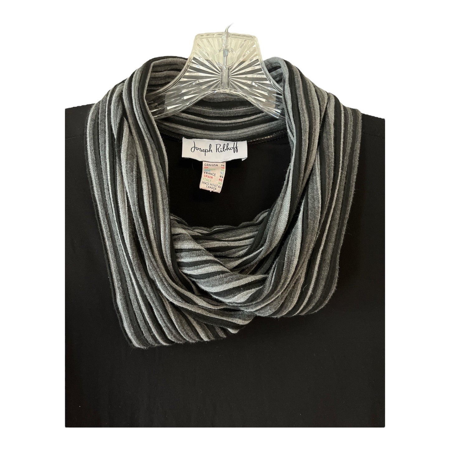 Joseph Ribkoff Women’s Size 14 Black Asymmetrical Top | Striped Cowl Neck & Cuffs | Made in Canada
