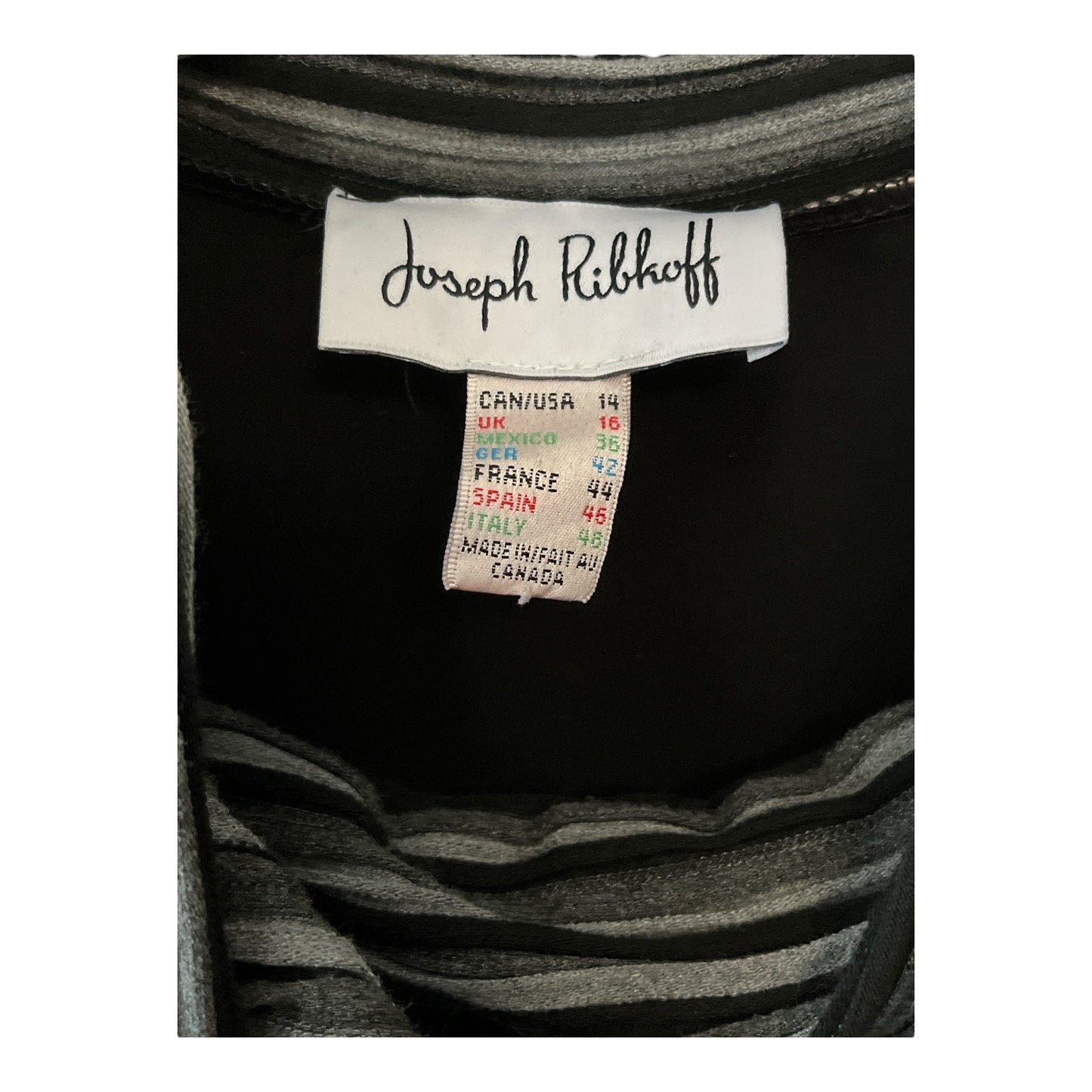 Joseph Ribkoff Women’s Size 14 Black Asymmetrical Top | Striped Cowl Neck & Cuffs | Made in Canada