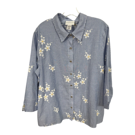 Alfred Dunner Women’s Size L Blue Striped Button-Front Shirt with Embroidered Daisies