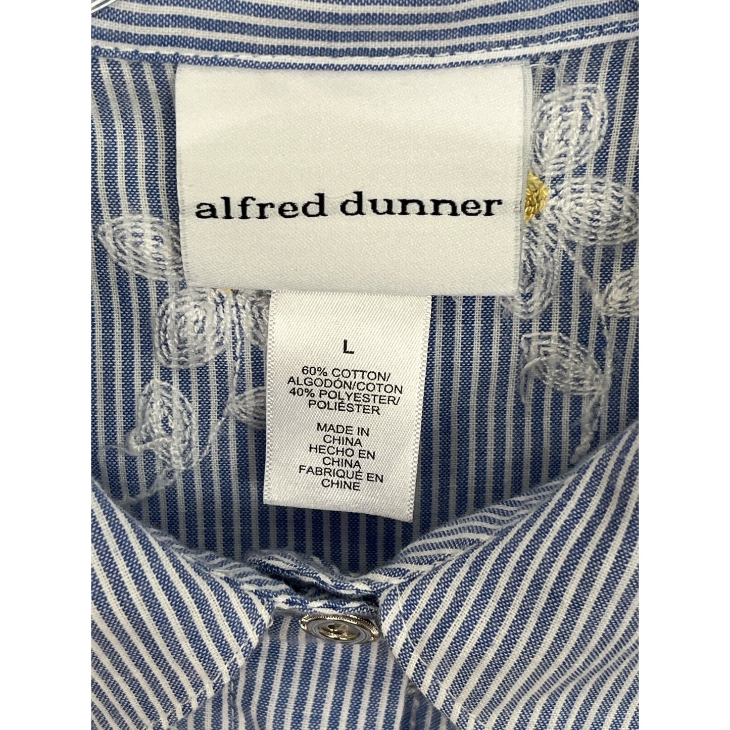 Alfred Dunner Women’s Size L Blue Striped Button-Front Shirt with Embroidered Daisies
