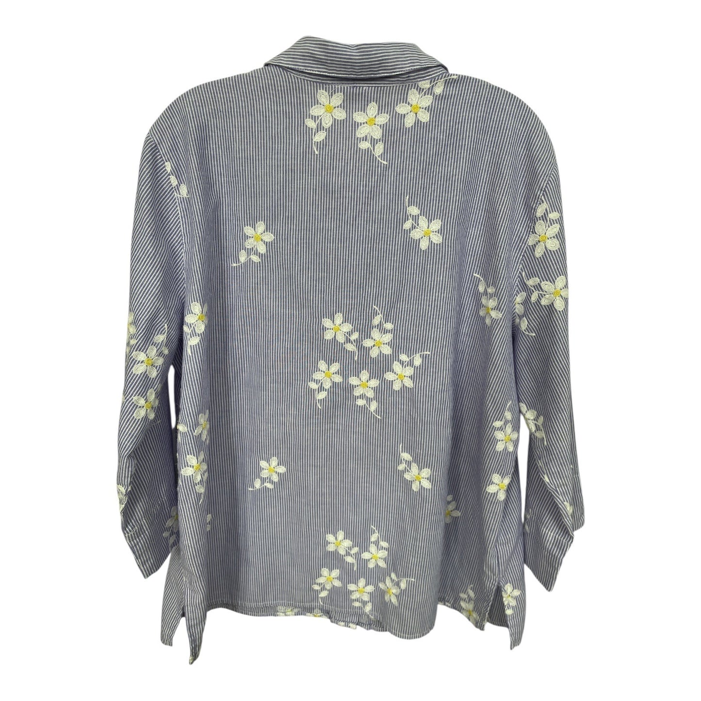Alfred Dunner Women’s Size L Blue Striped Button-Front Shirt with Embroidered Daisies