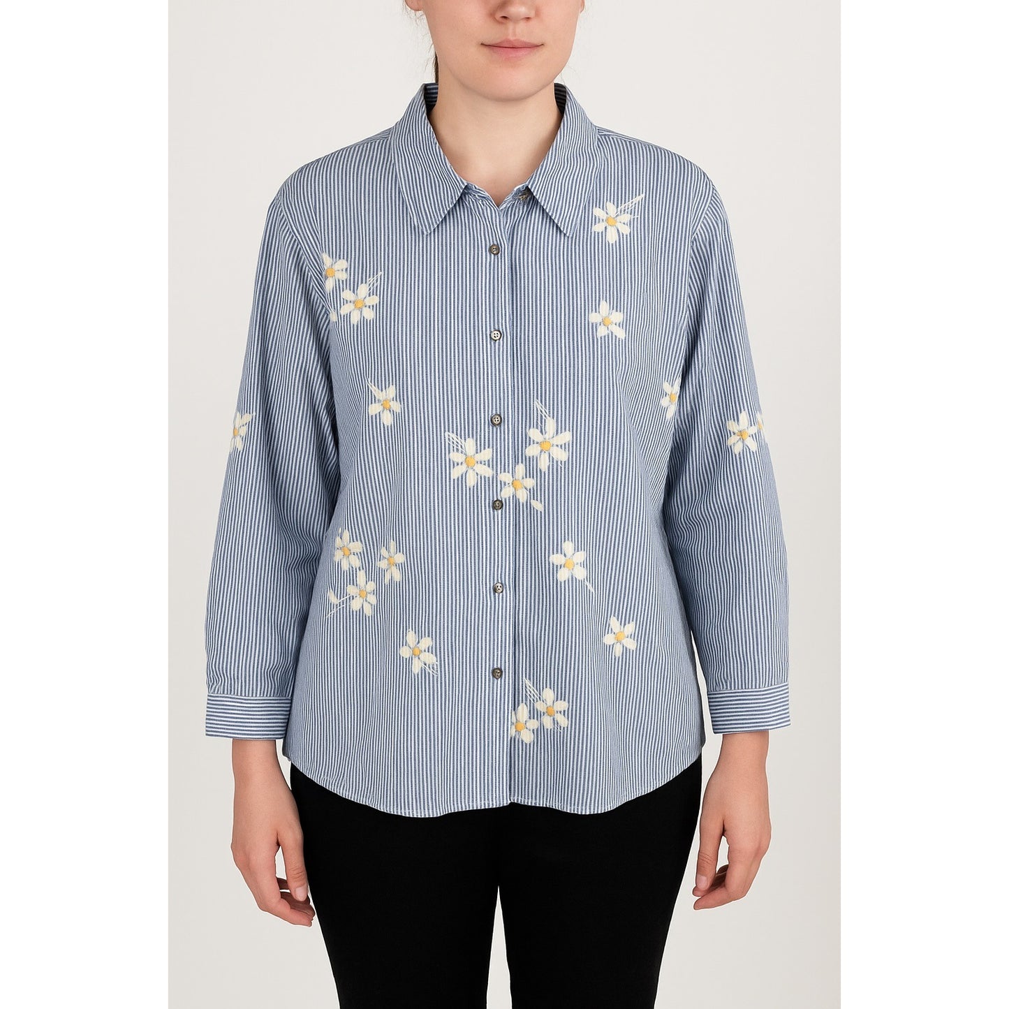 Alfred Dunner Women’s Size L Blue Striped Button-Front Shirt with Embroidered Daisies
