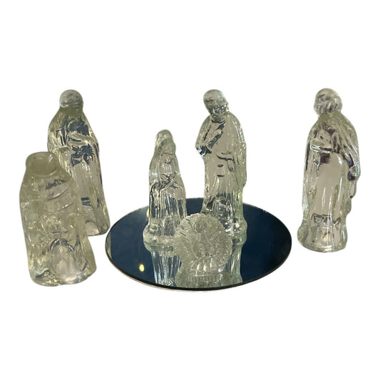 Vintage Clear Glass Mini Nativity Scene – 6-Piece Set with Mirror Base | Holiday Decor