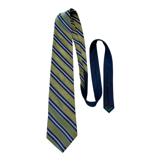 Tommy Hilfiger Striped Silk Tie – 57” – Olive Green & Navy Blue – Crest Logo – Made in USA