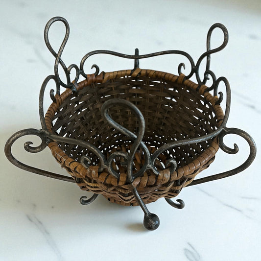 Vintage Wicker & Wrought Iron Basket – Rustic Farmhouse Storage – 8x7