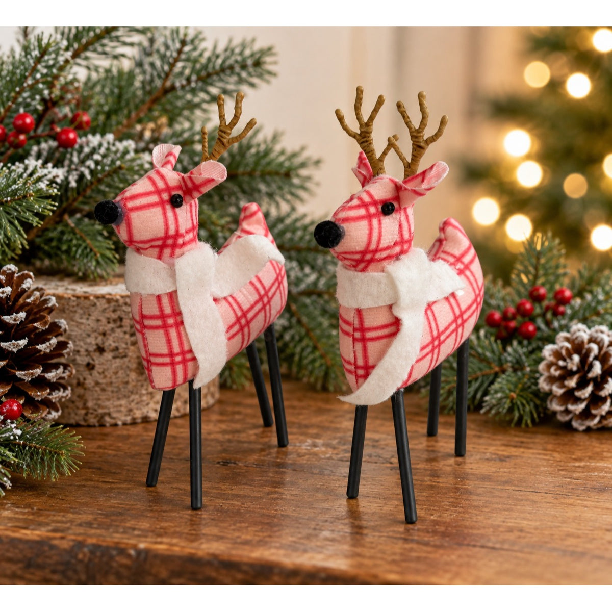 Target 2022 Pink Plaid Reindeer Christmas Figures Pair 6" Fabric Holiday Decor