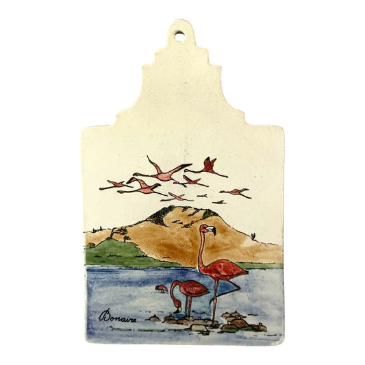 Vintage 1980s Bonaire Flamingo Wall Plaque – Hand-Painted Ceramic Tile – Caribbean Souvenir