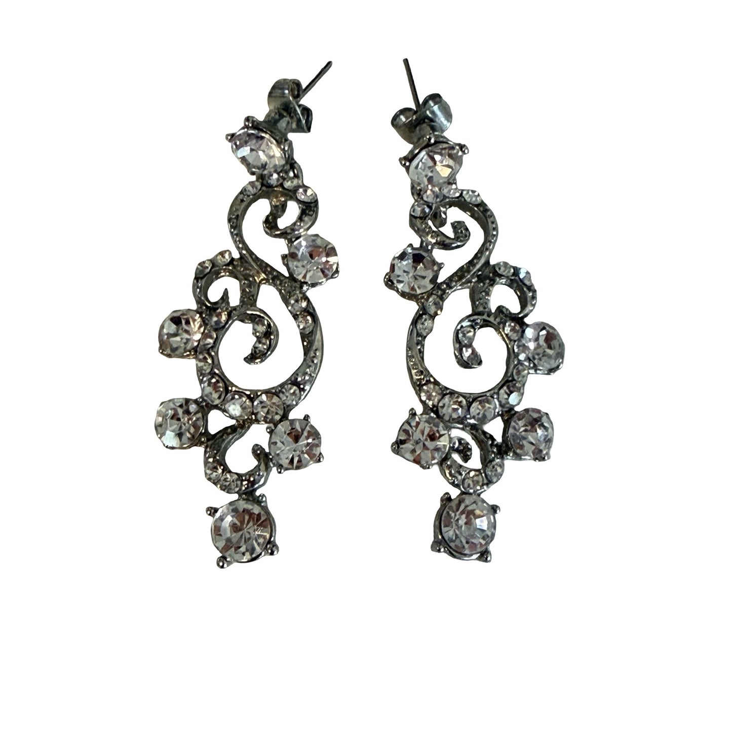 Vintage Rhinestone Scroll Dangle Earrings Silver Tone Openwork Statement Jewelry