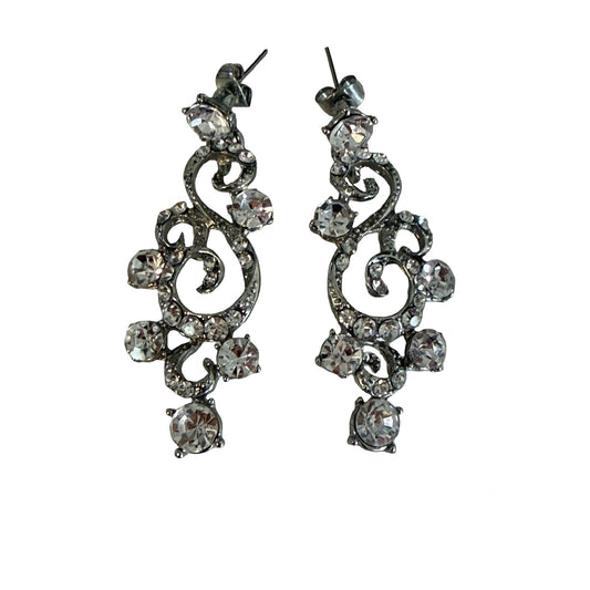 Vintage Rhinestone Scroll Dangle Earrings Silver Tone Openwork Statement Jewelry