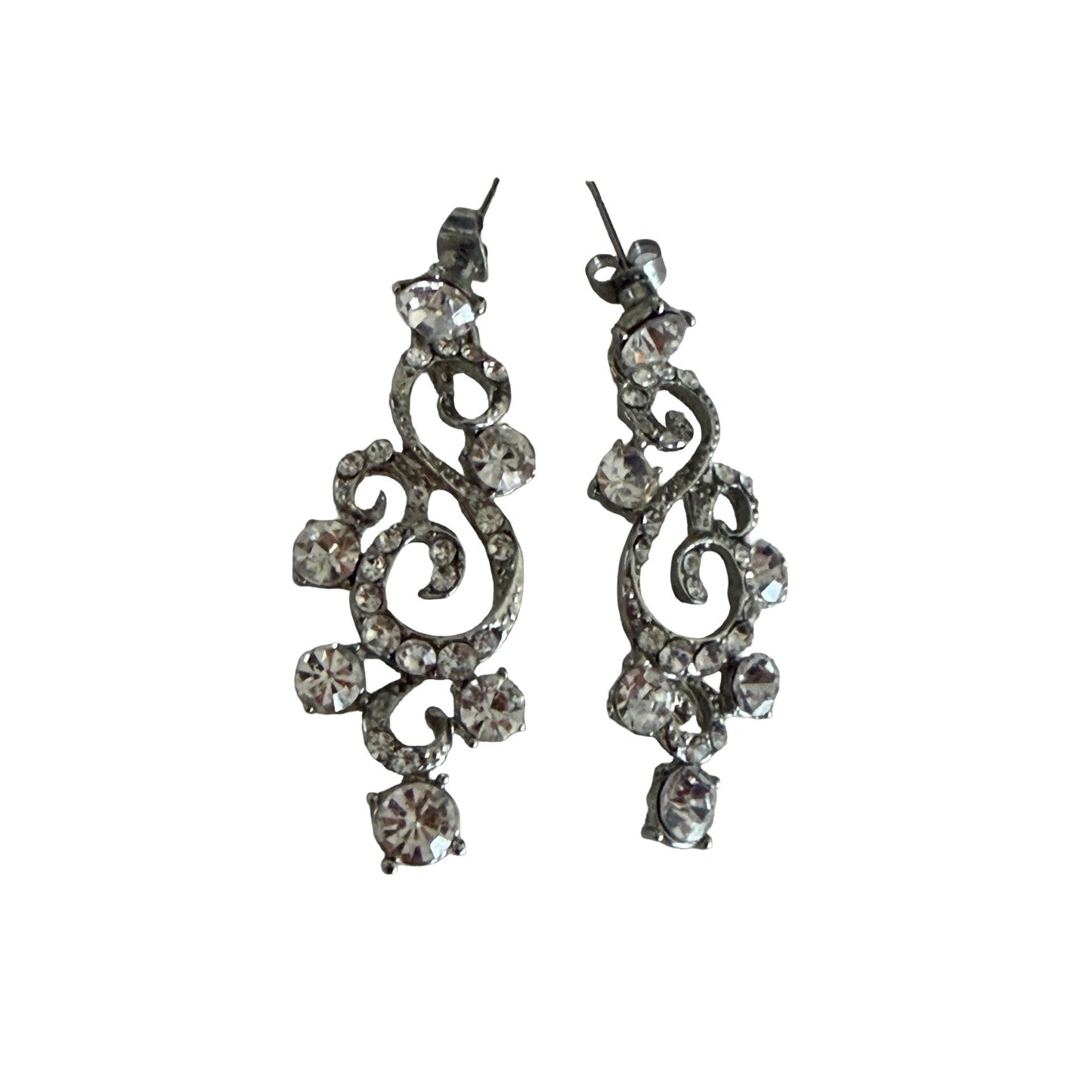 Vintage Rhinestone Scroll Dangle Earrings Silver Tone Openwork Statement Jewelry
