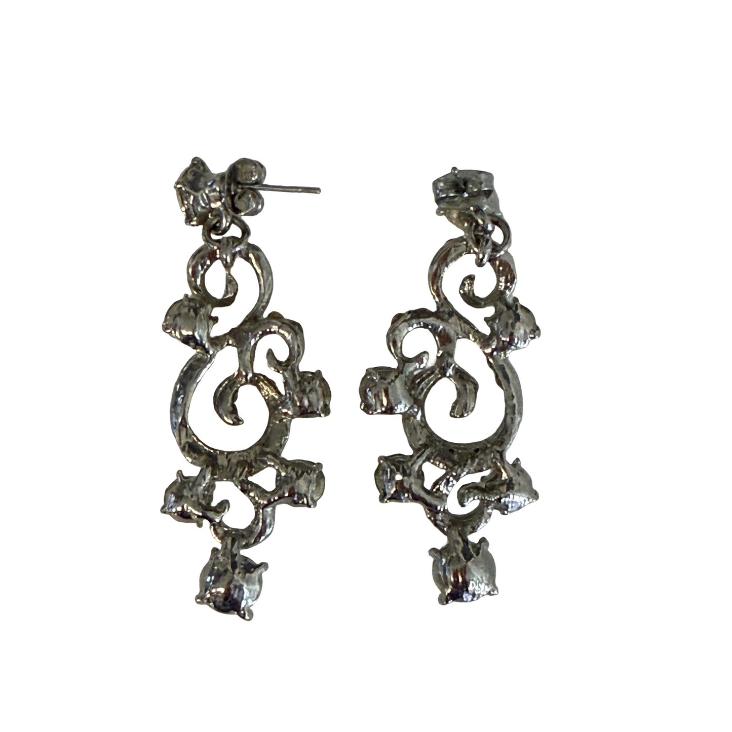 Vintage Rhinestone Scroll Dangle Earrings Silver Tone Openwork Statement Jewelry