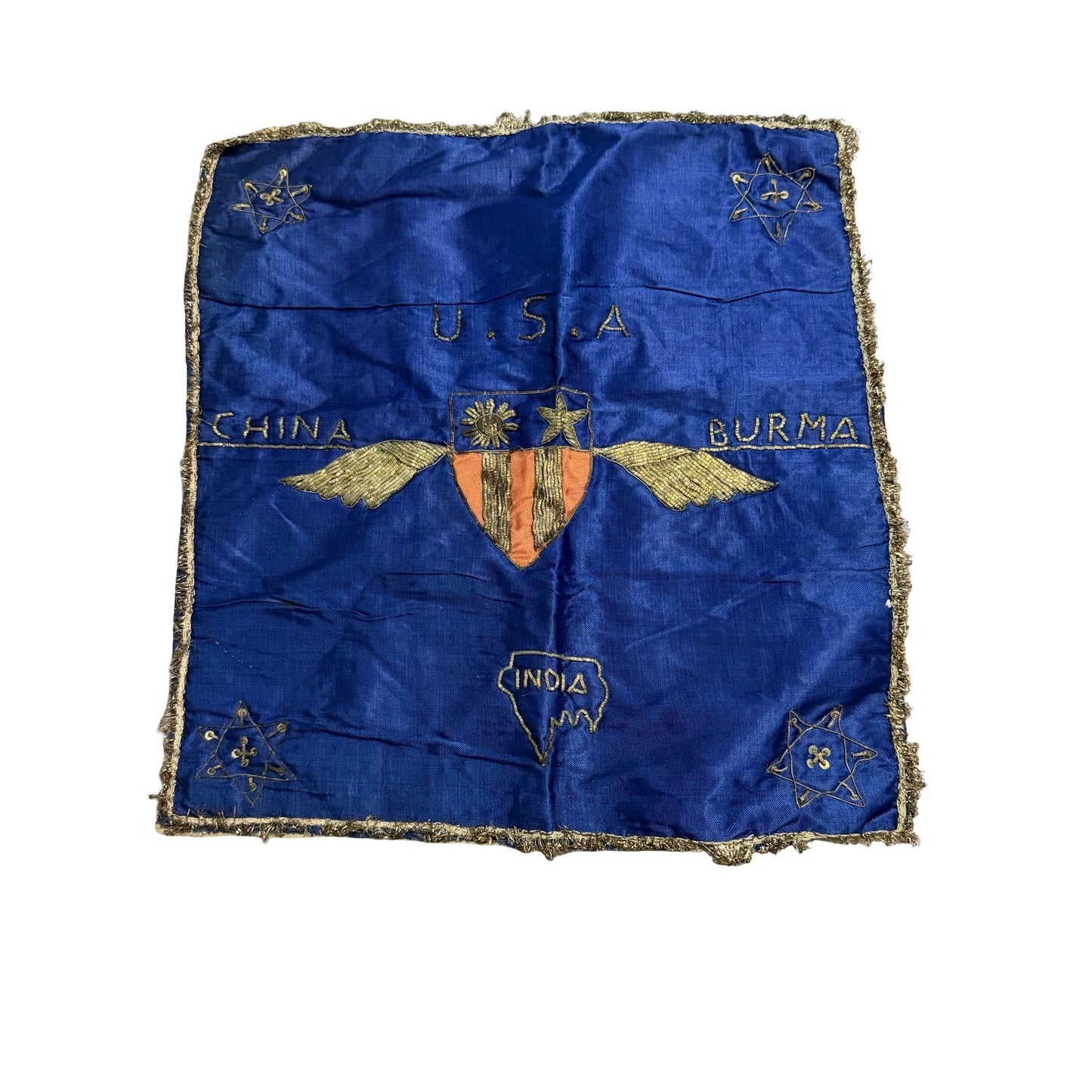 Vintage WWII CBI China Burma India Theater Embroidered Silk Banner Wall Hanging 15" Military Souvenir