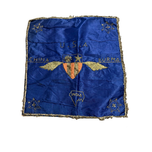 Vintage WWII CBI China Burma India Theater Embroidered Silk Banner Wall Hanging 15" Military Souvenir
