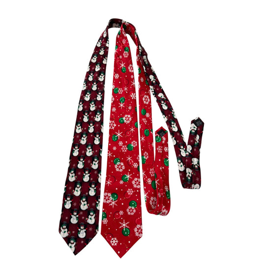 2 Vintage Hallmark Yule Tie Greetings 100% Silk Christmas Neckties Snowman Ornaments