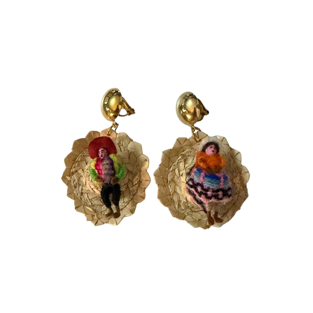 Vintage Mexican Folk Art Sombrero Clip On Earrings Miniature Couple Straw Hats