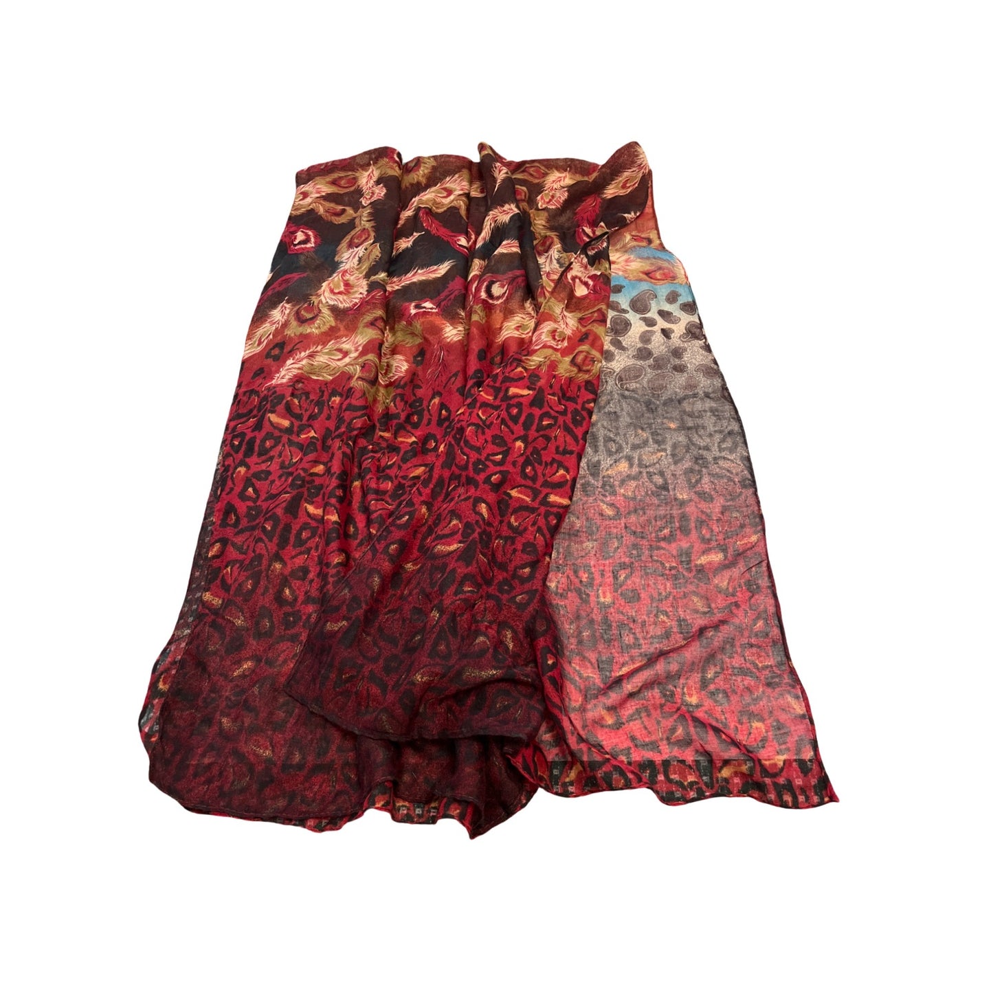 Joy Susan Feather Paisley Ombre Scarf Red Brown Boho Lightweight Wrap Mid-2000s