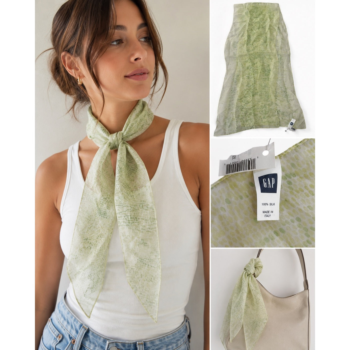GAP 100% Silk Scarf Made in Italy Green Abstract Dot Print 50x10 NWT