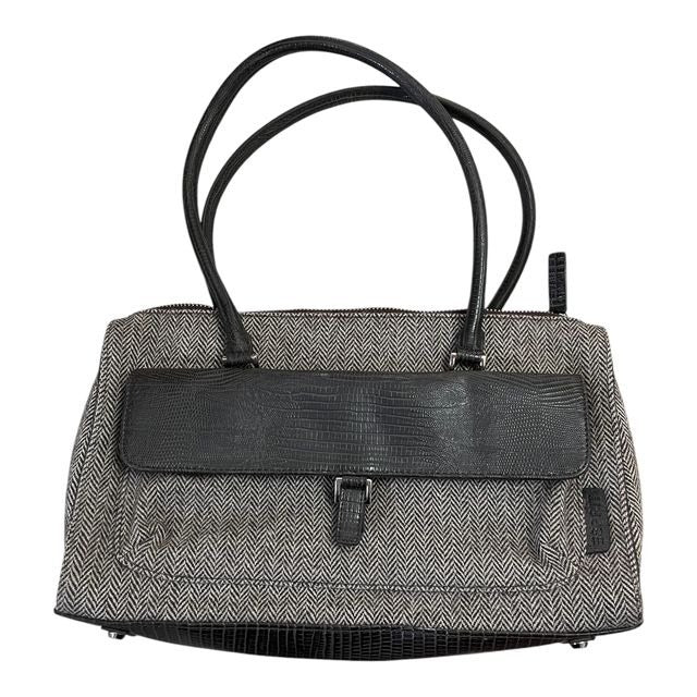 VTG Esprit Brown & Beige Herringbone Tote Bag – Faux Leather Trim – Classic Shoulder Handbag