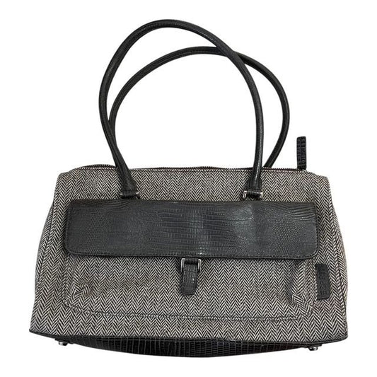 VTG Esprit Brown & Beige Herringbone Tote Bag – Faux Leather Trim – Classic Shoulder Handbag