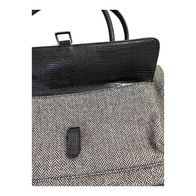 VTG Esprit Brown & Beige Herringbone Tote Bag – Faux Leather Trim – Classic Shoulder Handbag