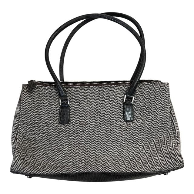 VTG Esprit Brown & Beige Herringbone Tote Bag – Faux Leather Trim – Classic Shoulder Handbag