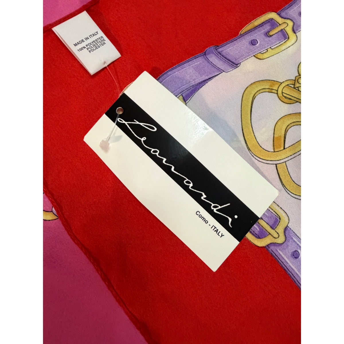 Leonardi Como Italy Equestrian Scarf 34 Inch Square Red Pink Purple Gold NWT