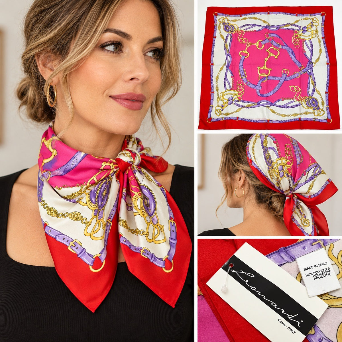 Leonardi Como Italy Equestrian Scarf 34 Inch Square Red Pink Purple Gold NWT