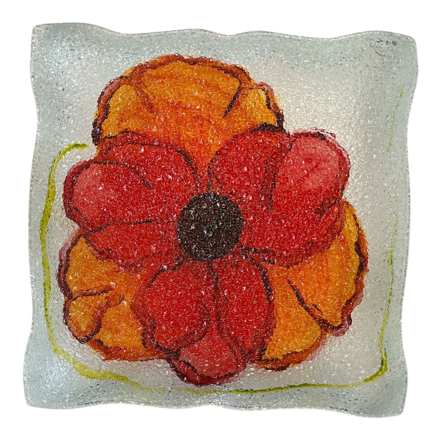 Striking Handcrafted Fusion Glass Plate – Signed Art Featuring a Vibrant Poppy