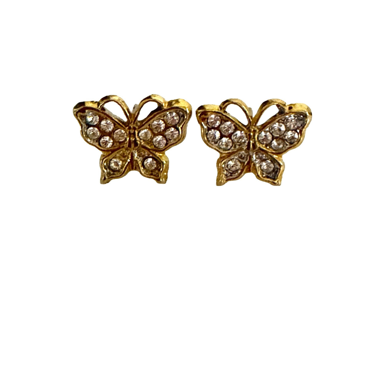 Vintage Gold Tone Rhinestone Butterfly Stud Earrings Openwork Wings