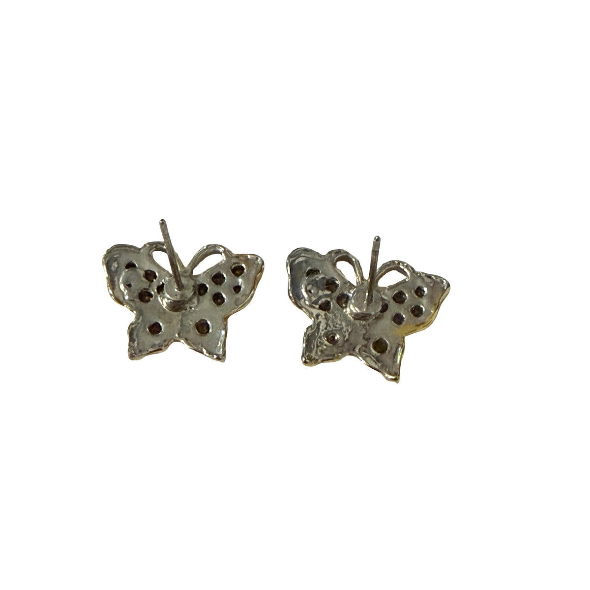Vintage Gold Tone Rhinestone Butterfly Stud Earrings Openwork Wings
