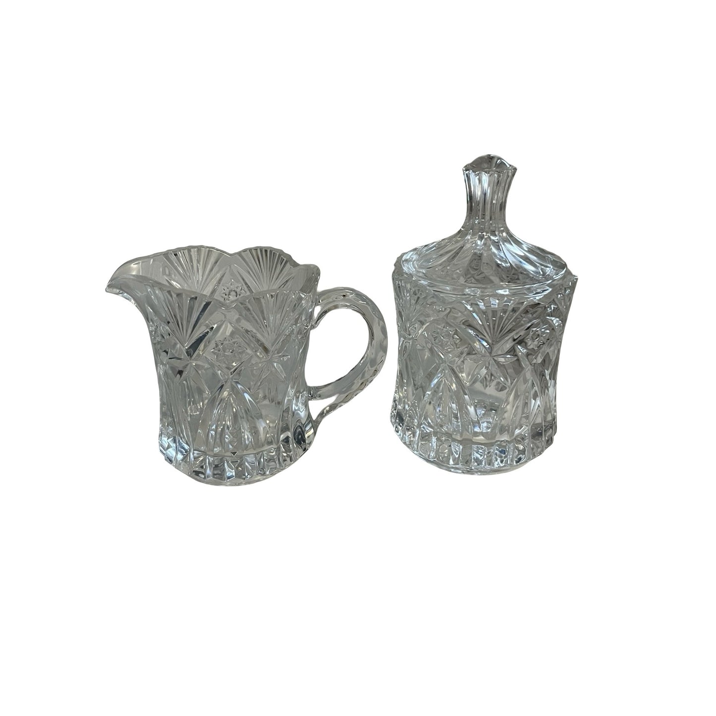 Vintage Pressed Glass Creamer Sugar Set Starburst Fan Pattern Lidded Sugar Bowl Clear Glass