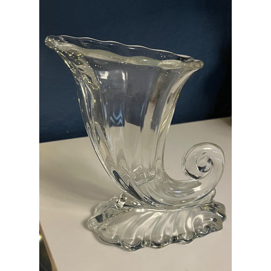 Vintage Glass Cornucopia Vase – Clear Pressed Glass – Swirl Horn of Plenty – 7” x 6”