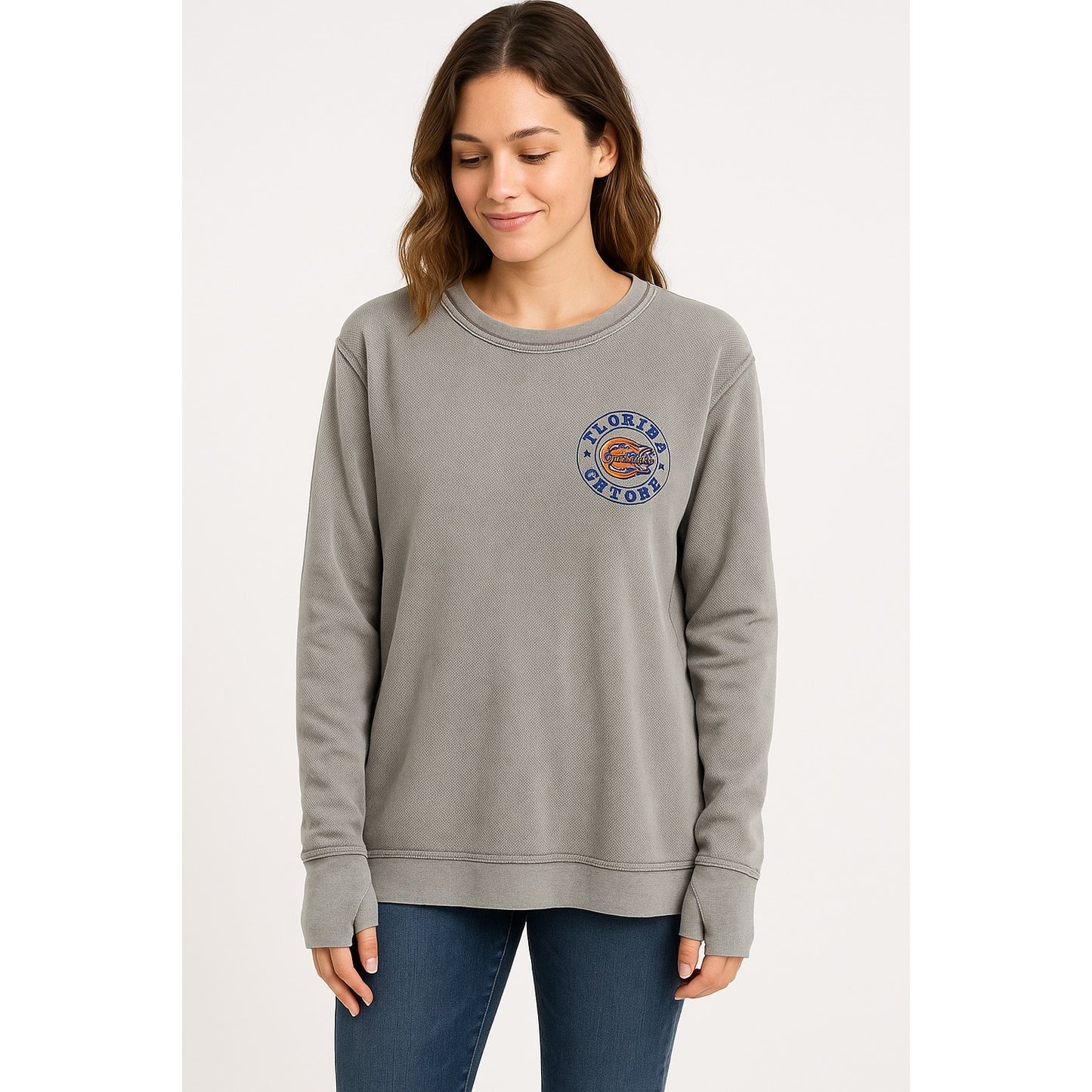 Pressbox Florida Gators Long Sleeve Thumb-Hole Shirt Women’s Large Gray Elbow Patch Pullover