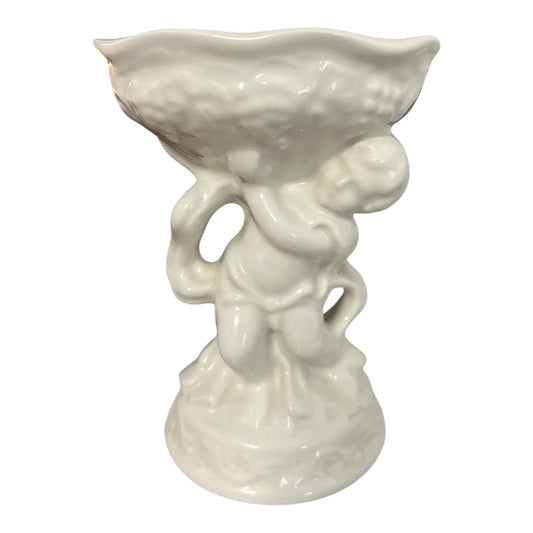 Vtg White Cherub Compote Dish – Made in England, Glossy Porcelain, Scalloped Rim, Mid-Century Baroque Style, 5.5"