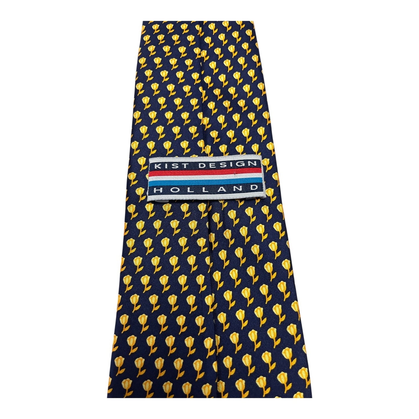 Vintage 1980s–1990s Kist Design Holland Men’s Tie – Yellow Tulip Pattern on Navy