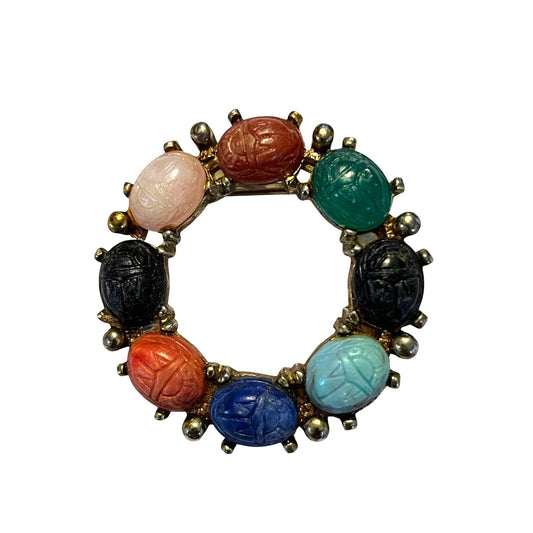 Vintage Egyptian Revival Scarab Circle Brooch Multicolor Carved Stone Style Pin 1.5