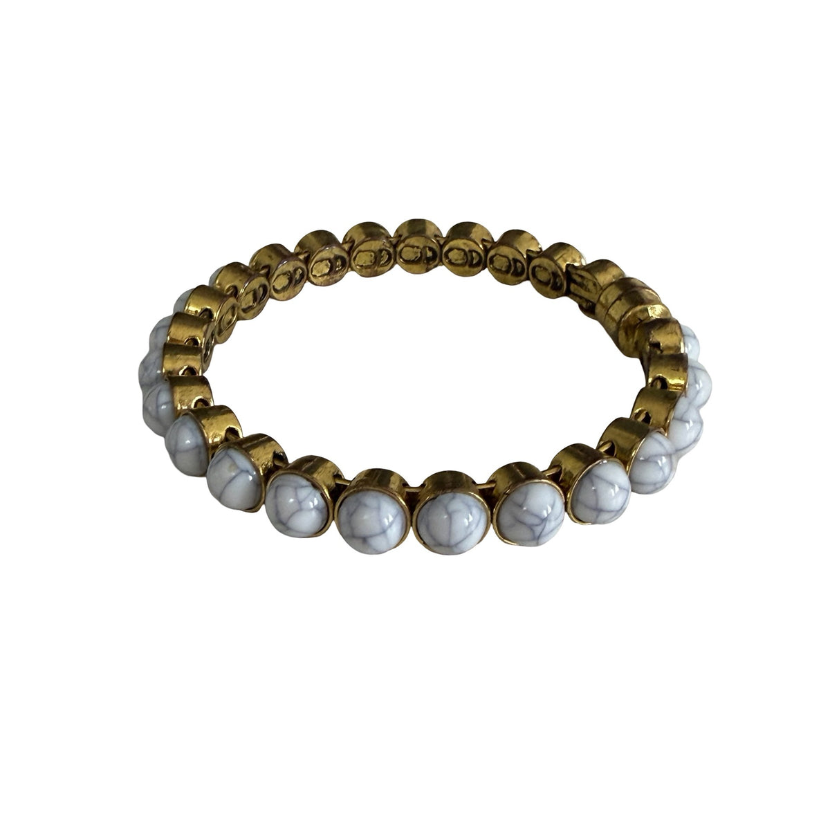 Plunder Design White Marbled Cabochon Gold Tone Stretch Bracelet Signed
