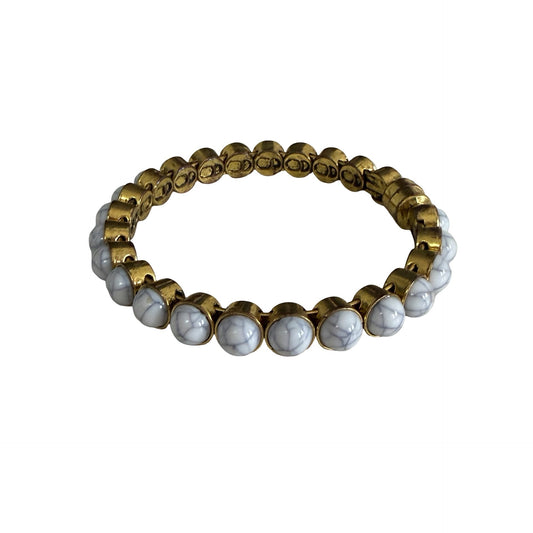 Plunder Design White Marbled Cabochon Gold Tone Stretch Bracelet Signed
