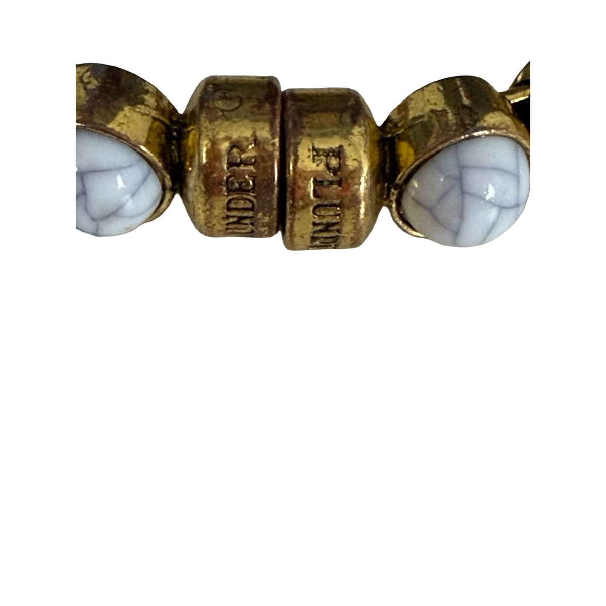 Plunder Design White Marbled Cabochon Gold Tone Stretch Bracelet Signed