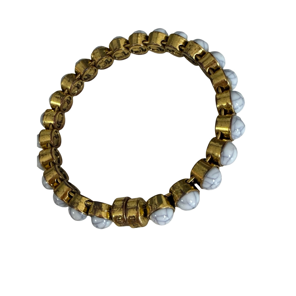 Plunder Design White Marbled Cabochon Gold Tone Stretch Bracelet Signed