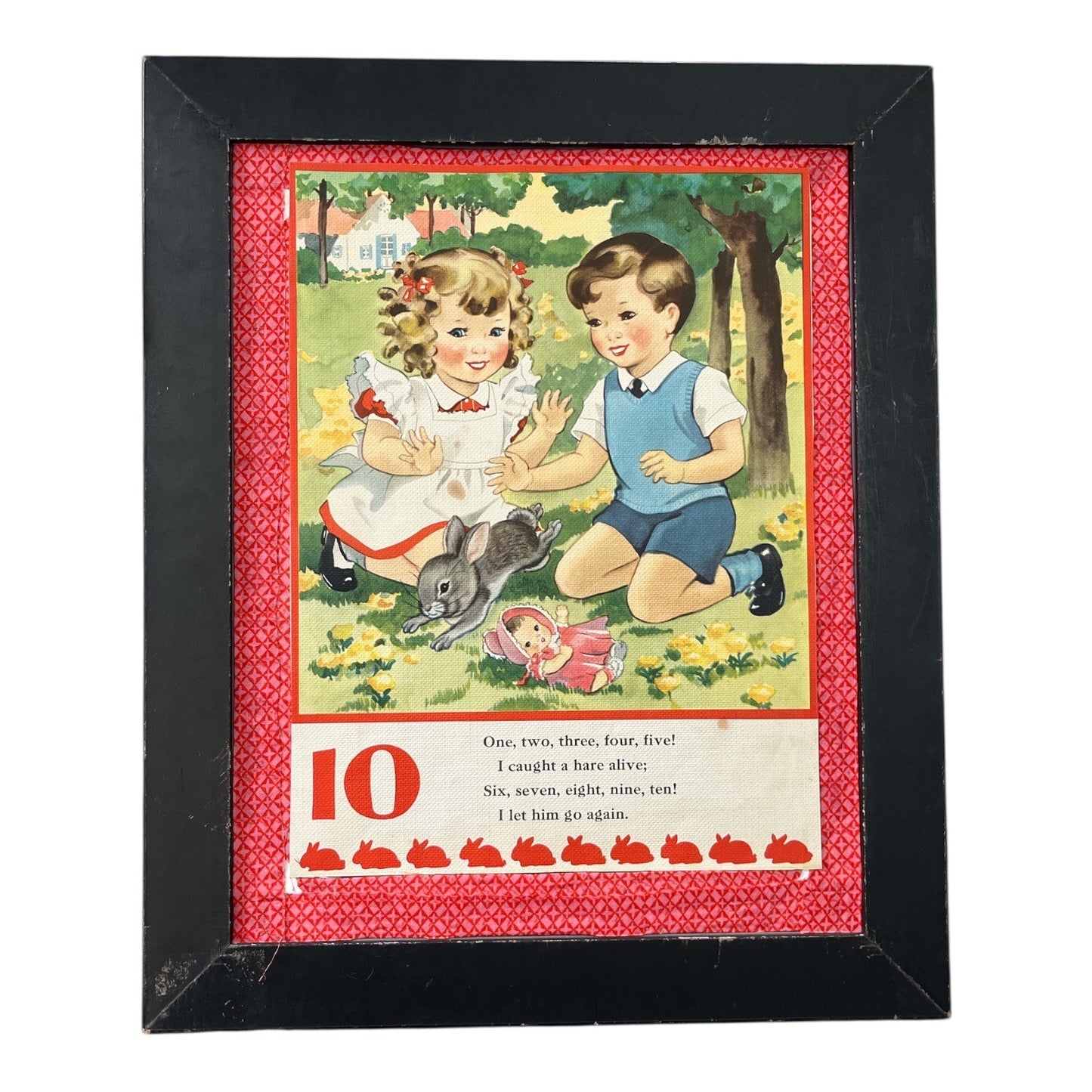 VTG Framed Double-Sided Children’s Book Page – “Ten Little Indians” & “I Caught a Hare Alive” 17x14 Art