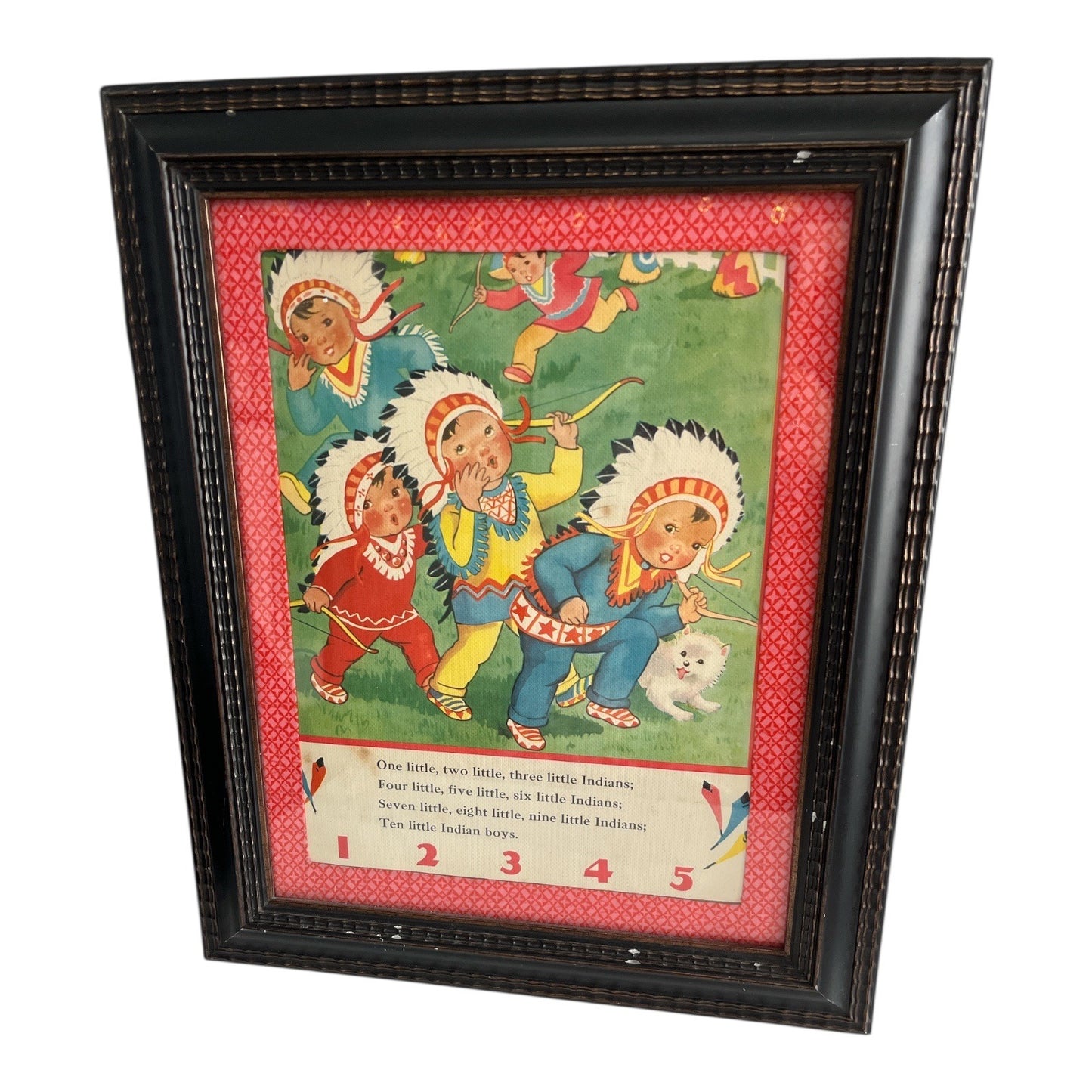 VTG Framed Double-Sided Children’s Book Page – “Ten Little Indians” & “I Caught a Hare Alive” 17x14 Art