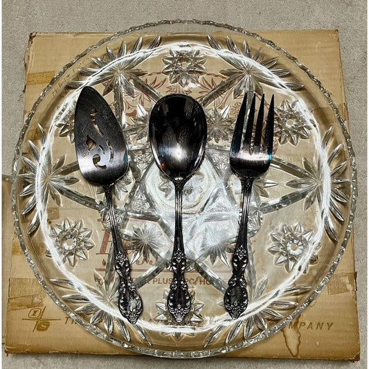 Vintage Rogers Silverplate Buffet Set with Pressed Glass Platter – Original Box – MCM Hostess Set